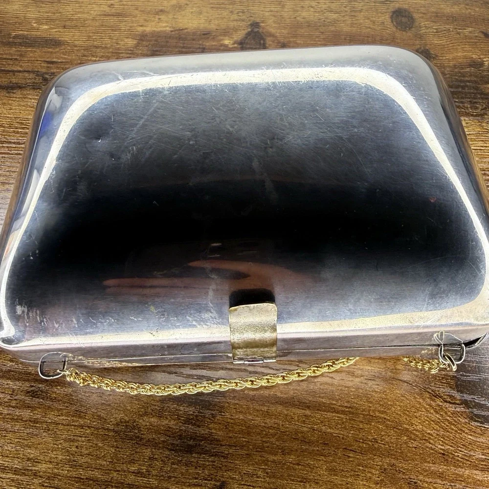 Vintage Silver Tone Floral Metal Clutch Purse Gold Chain Red Velvet Lined
